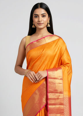 Orange Handloom Kanjivaram Pure Silk Saree With Blouse Piece