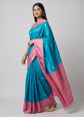 Blue Handloom Dupion Pure Silk Saree With Blouse Piece