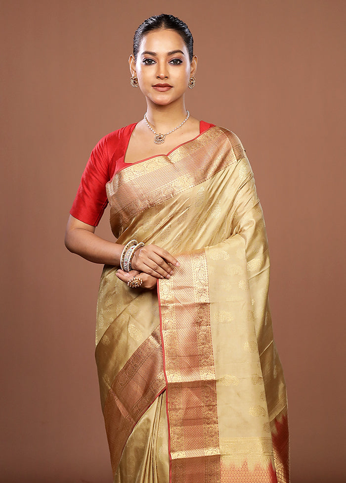 Cream Handloom Kanchipuram Pure Silk Saree With Blouse Piece