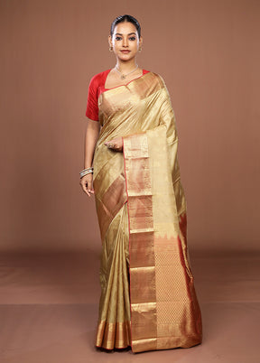 Cream Handloom Kanchipuram Pure Silk Saree With Blouse Piece