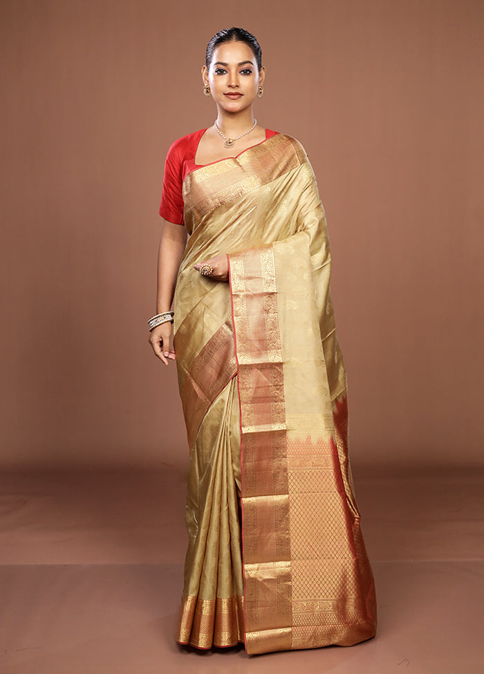 Cream Handloom Kanchipuram Pure Silk Saree With Blouse Piece