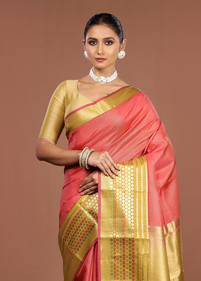 Pink Handloom Kanjivaram Pure Silk Saree With Blouse Piece