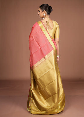 Pink Handloom Kanjivaram Pure Silk Saree With Blouse Piece