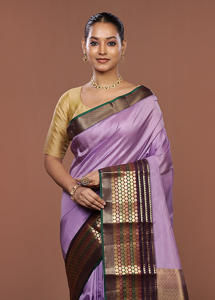 Purple Handloom Kanjivaram Pure Silk Saree With Blouse Piece