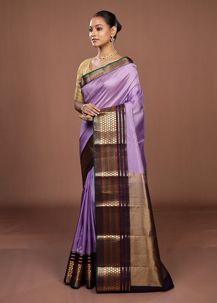 Purple Handloom Kanjivaram Pure Silk Saree With Blouse Piece