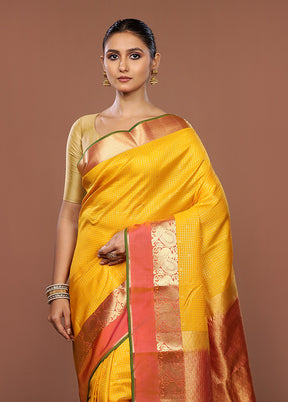 Yellow Handloom Kanjivaram Pure Silk Saree With Blouse Piece