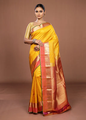 Yellow Handloom Kanjivaram Pure Silk Saree With Blouse Piece
