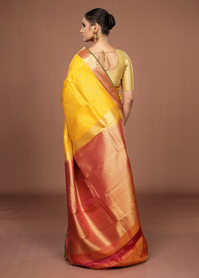 Yellow Handloom Kanjivaram Pure Silk Saree With Blouse Piece