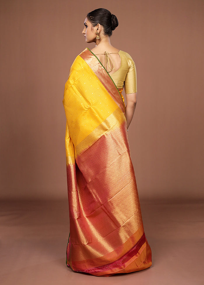 Yellow Handloom Kanjivaram Pure Silk Saree With Blouse Piece