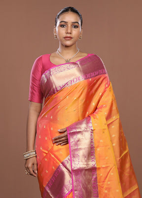 Pink Handloom Kanjivaram Pure Silk Saree With Blouse Piece