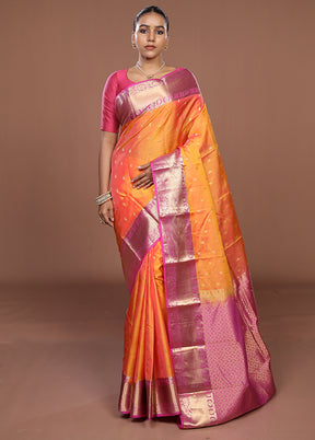 Pink Handloom Kanjivaram Pure Silk Saree With Blouse Piece