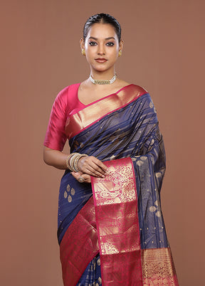 Blue Handloom Kanjivaram Pure Silk Saree With Blouse Piece