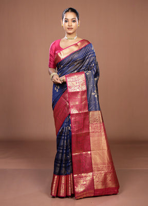 Blue Handloom Kanjivaram Pure Silk Saree With Blouse Piece