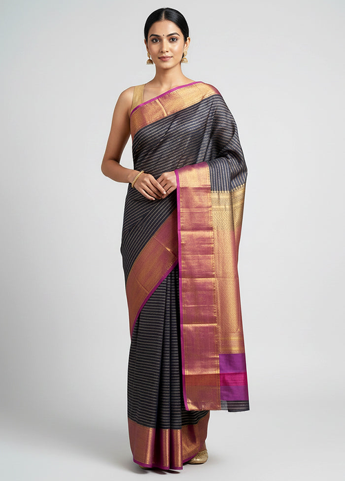 Blue Handloom Kanjivaram Pure Silk Saree With Blouse Piece