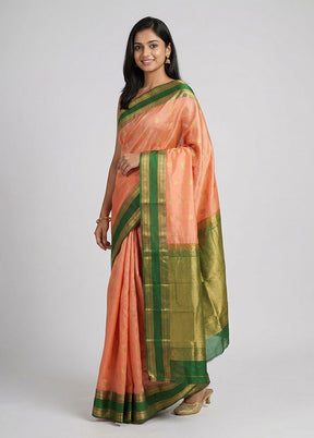 Orange Handloom Kanchipuram Pure Silk Saree With Blouse Piece