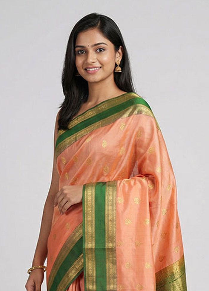 Orange Handloom Kanchipuram Pure Silk Saree With Blouse Piece