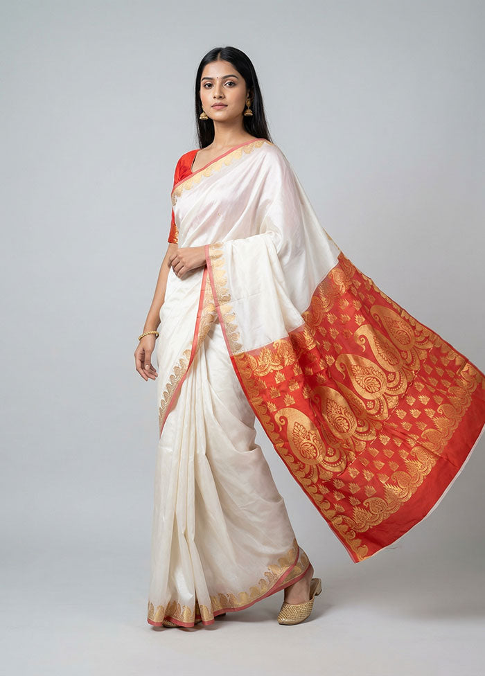White Handloom Kanjivaram Pure Silk Saree With Blouse Piece