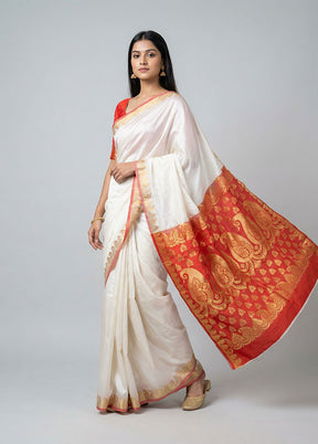 White Handloom Kanjivaram Pure Silk Saree With Blouse Piece