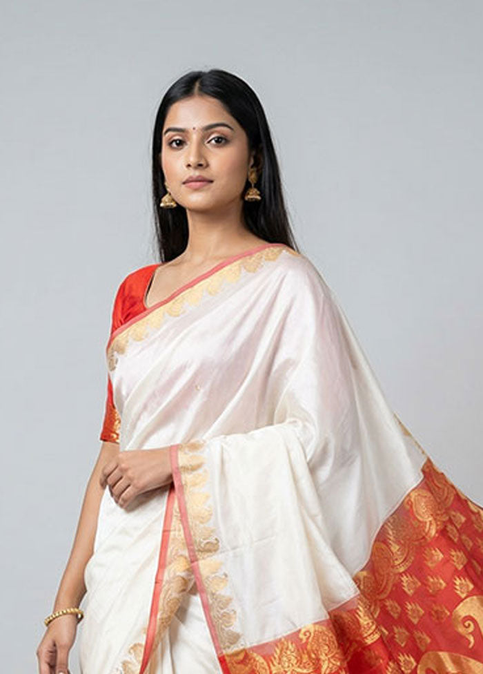 White Handloom Kanjivaram Pure Silk Saree With Blouse Piece