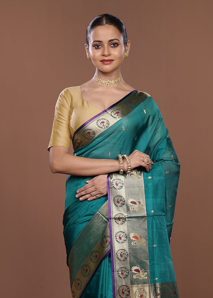 Green Handloom Pure Cotton Saree With Blouse Piece
