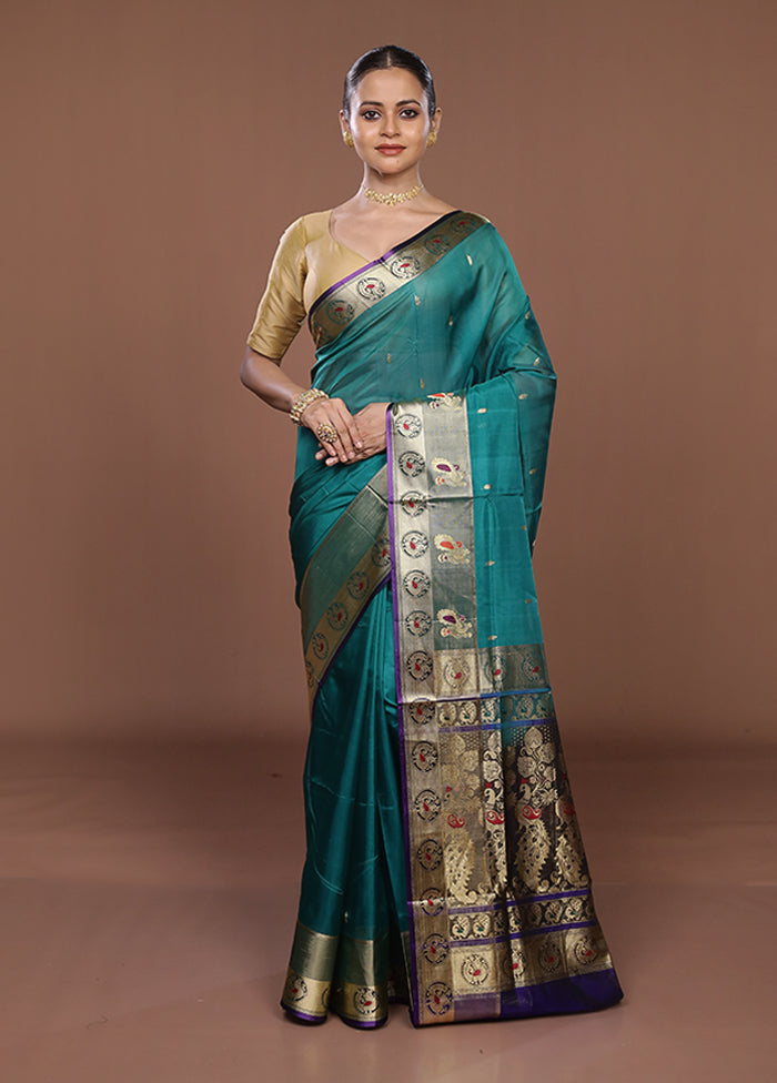 Green Handloom Pure Cotton Saree With Blouse Piece