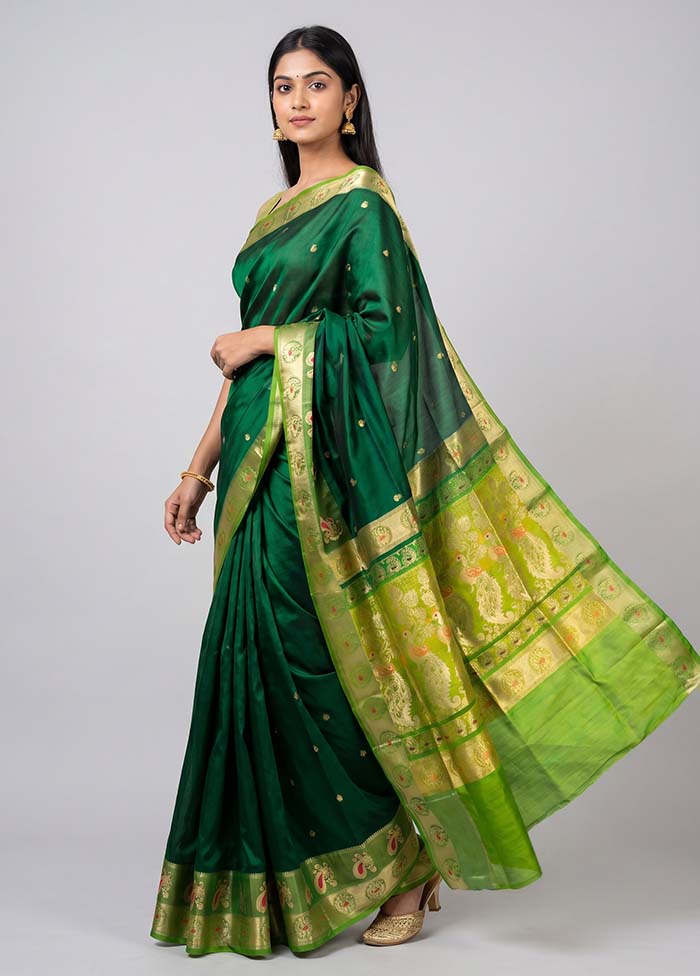 Green Handloom Pure Cotton Saree With Blouse Piece