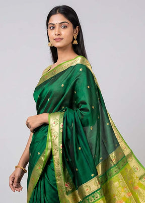 Green Handloom Pure Cotton Saree With Blouse Piece