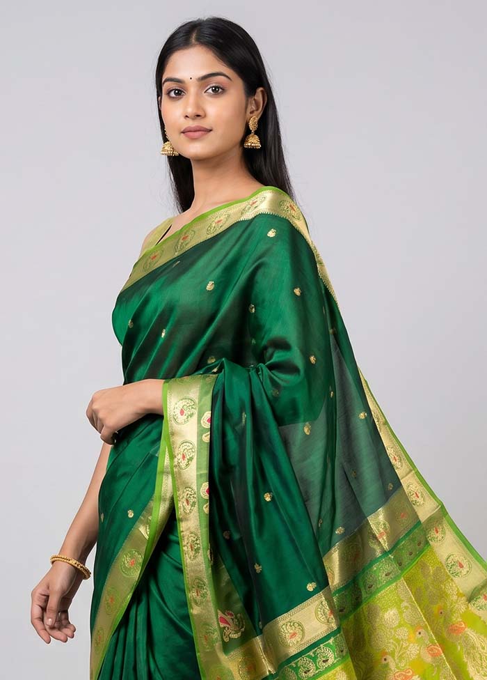 Green Handloom Pure Cotton Saree With Blouse Piece