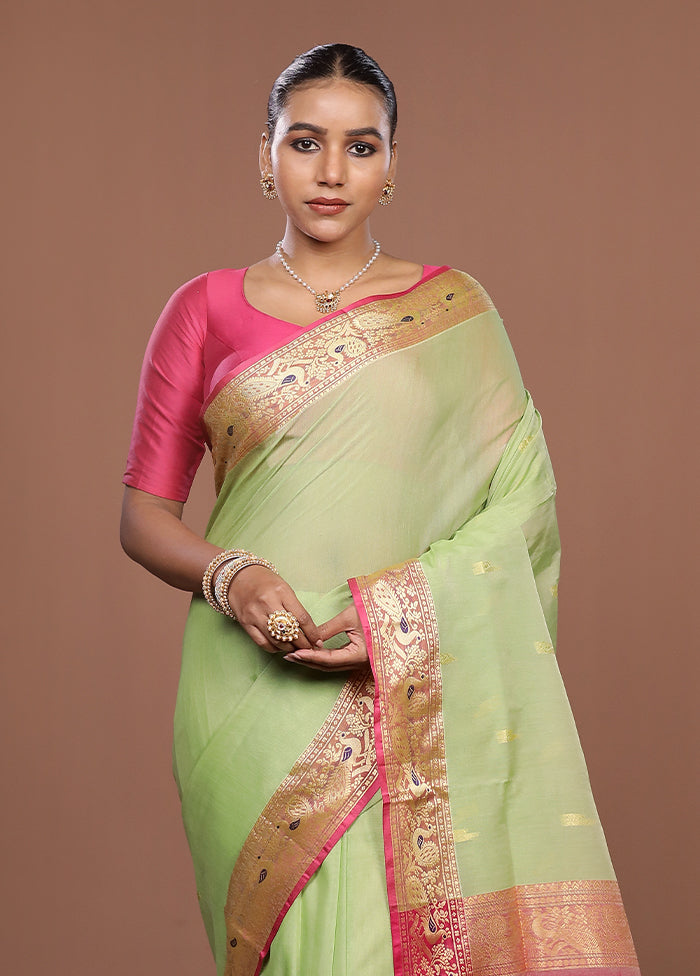 Green Cotton Saree With Blouse Piece