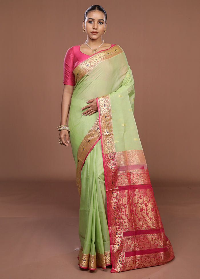 Green Cotton Saree With Blouse Piece