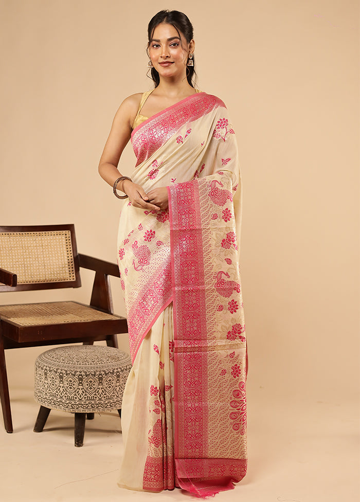 Cream Dupion Silk Saree With Blouse Piece