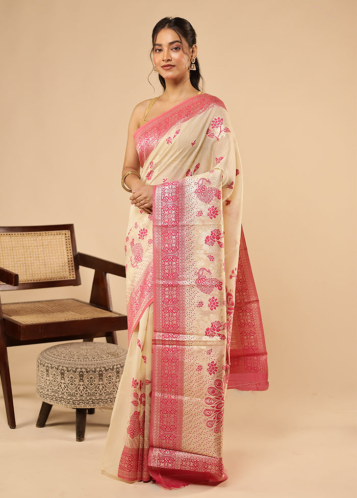 Cream Dupion Silk Saree With Blouse Piece