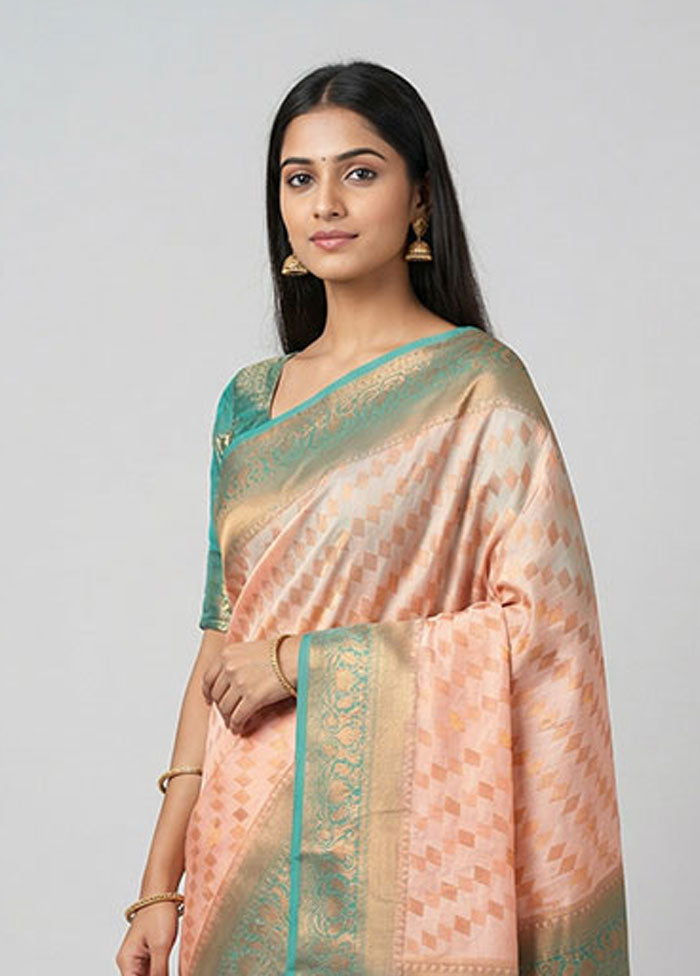 Peach Dupion Silk Saree With Blouse Piece
