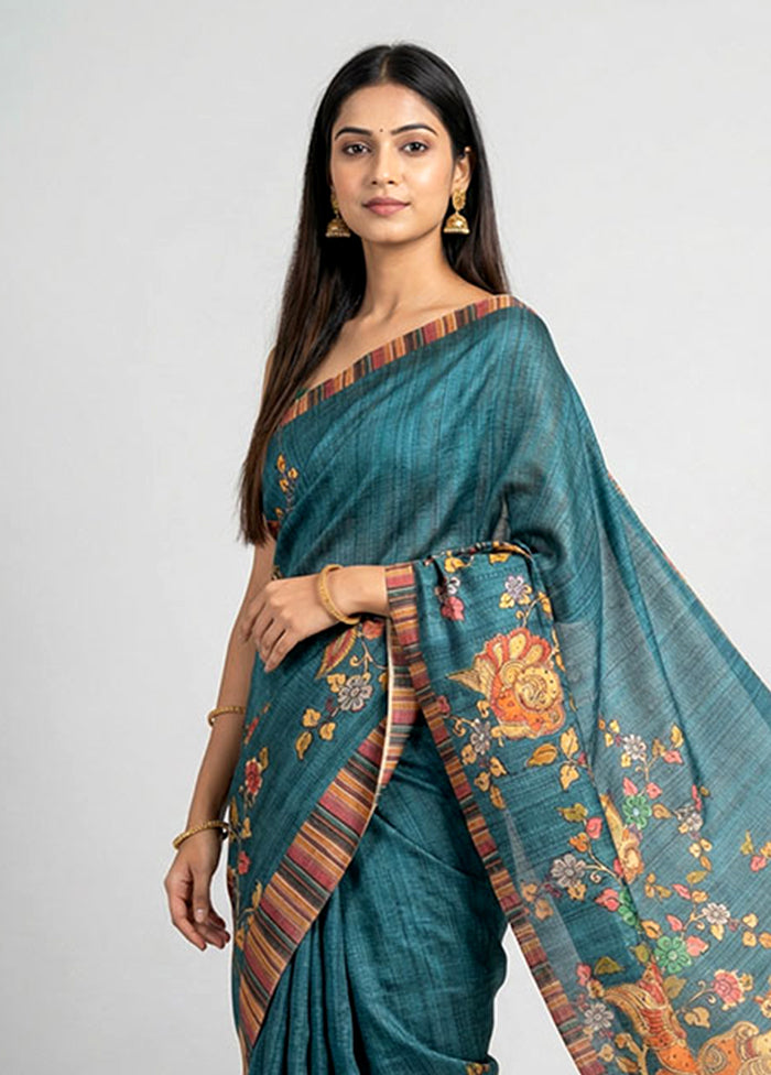 Blue Tussar Silk Saree With Blouse Piece