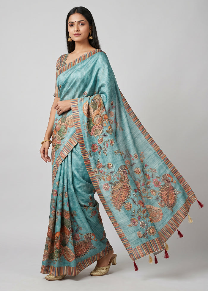 Blue Tussar Silk Saree With Blouse Piece