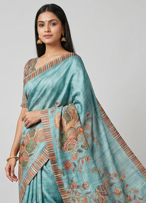 Blue Tussar Silk Saree With Blouse Piece