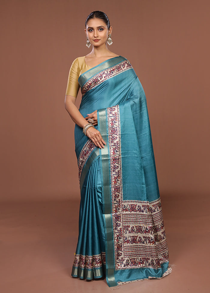 Blue Tussar Silk Saree With Blouse Piece