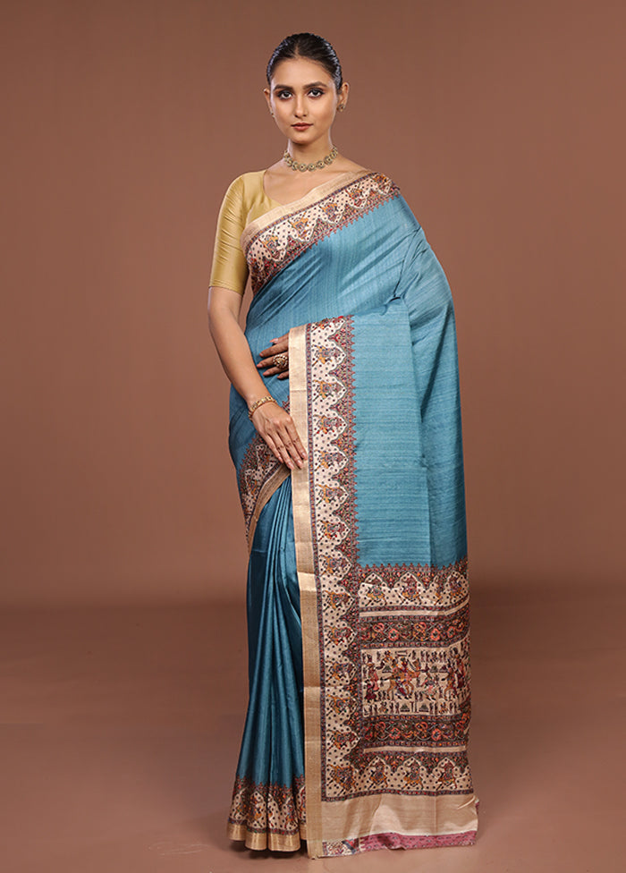 Blue Tussar Silk Saree With Blouse Piece
