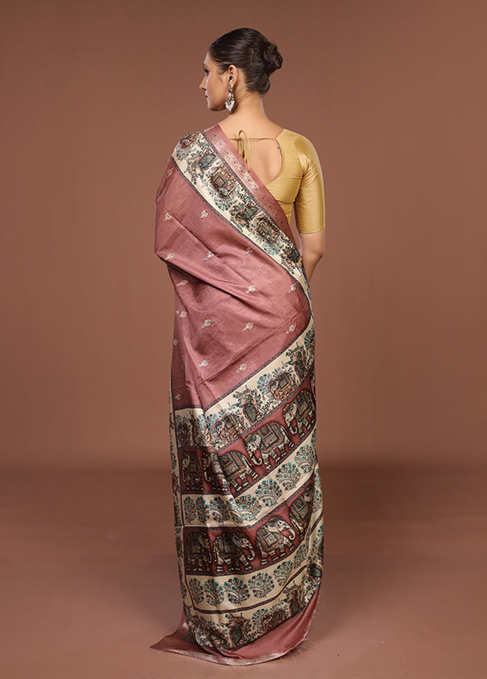 Pink Tussar Silk Saree With Blouse Piece