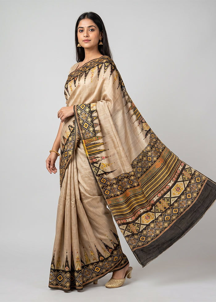 Cream Tussar Silk Saree With Blouse Piece