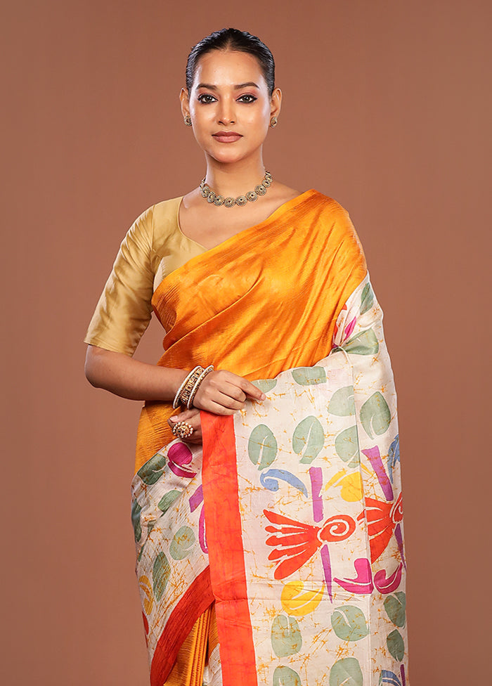 Cream Printed Silk Saree Without Blouse Piece