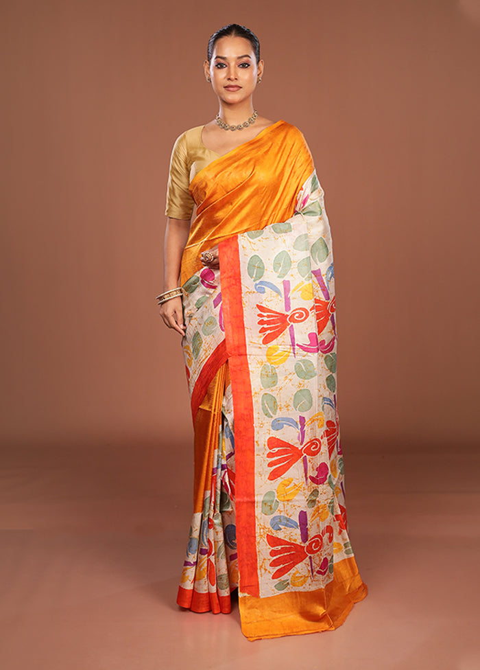 Cream Printed Silk Saree Without Blouse Piece