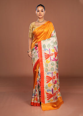 Cream Printed Silk Saree Without Blouse Piece