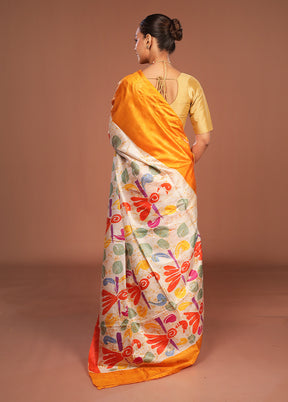 Cream Printed Silk Saree Without Blouse Piece