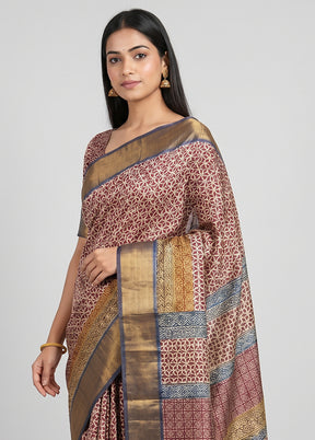 Pink Tussar Silk Saree With Blouse Piece
