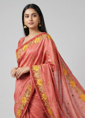 Pink Handloom Tussar Pure Silk Saree With Blouse Piece