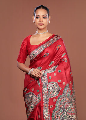 Red Printed Silk Saree Without Blouse Piece