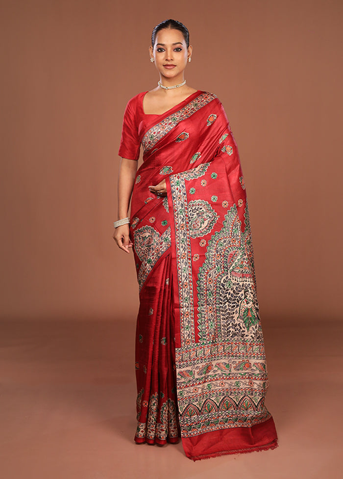 Red Printed Silk Saree Without Blouse Piece