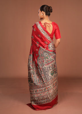 Red Printed Silk Saree Without Blouse Piece