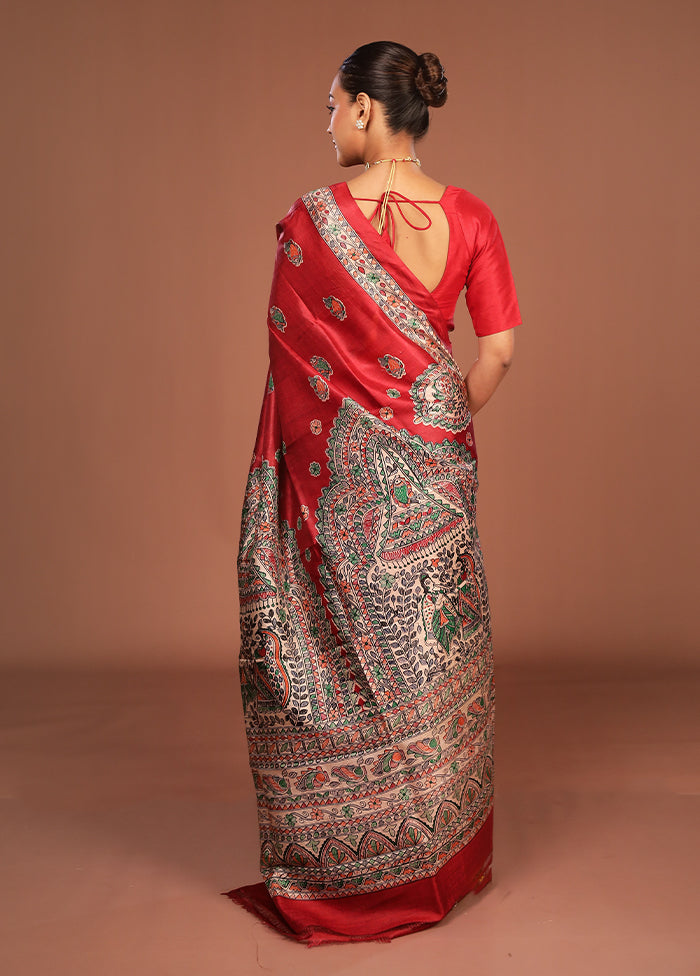 Red Printed Silk Saree Without Blouse Piece
